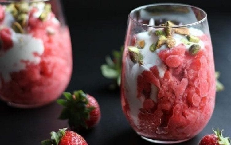 Strawberry Granita with Pistachios and Cream