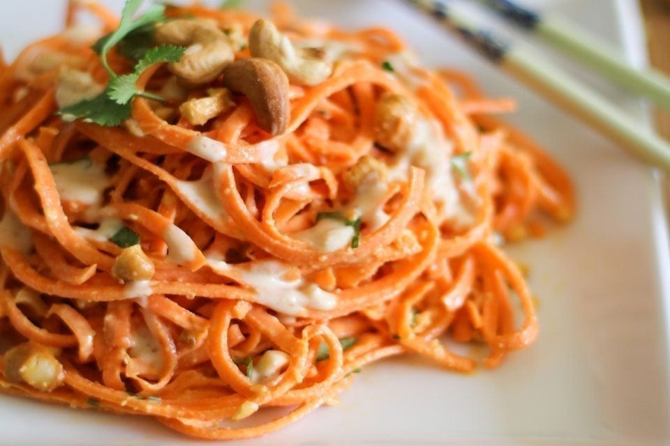 Raw Carrot Salad with Ginger Lime Peanut Sauce