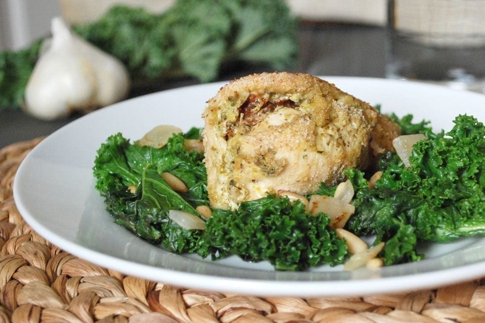 Stuffed Chicken and Sauteed Kale with Pine Nuts
