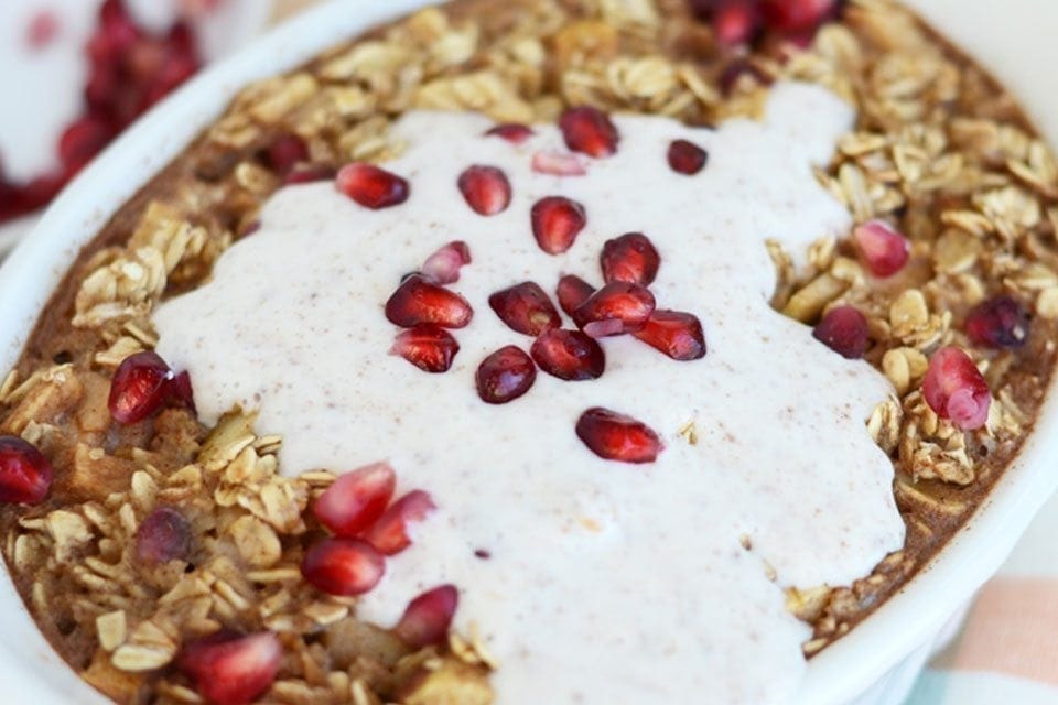 Apple Cinnamon Baked Oatmeal with Pomegranate and Leche Sauce