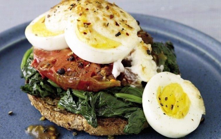 Open-Faced Broiled Egg, Spinach, and Tomato Sandwich
