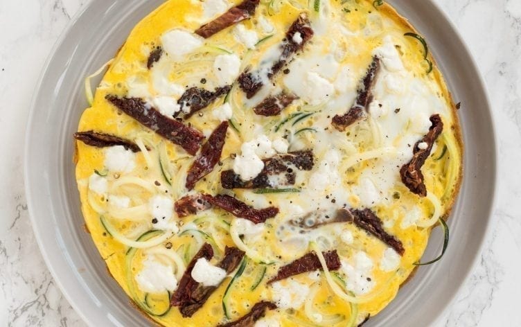 Zucchini Noodle Frittata with Goat Cheese and Sun-Dried Tomatoes