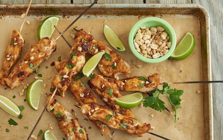 Quick Thai Chicken Skewers with Peanut Coconut Sauce