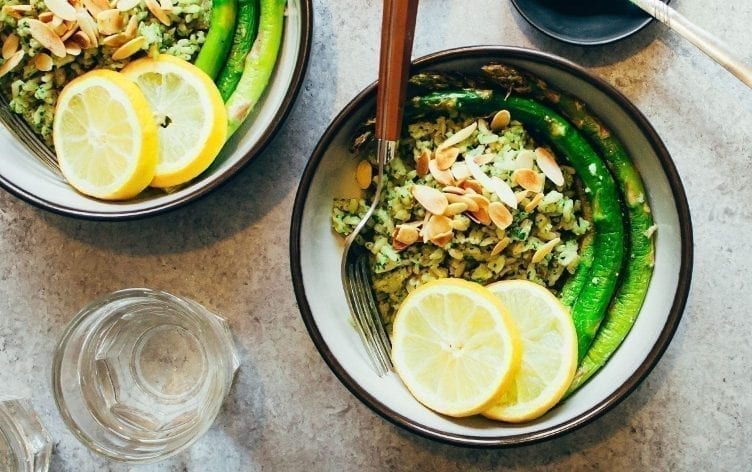 Asparagus Rice Bowl with Almond Pesto