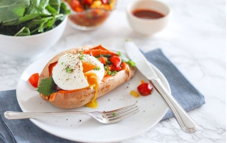 Roasted Sweet Potatoes with Poached Eggs & Bell Pepper Salsa