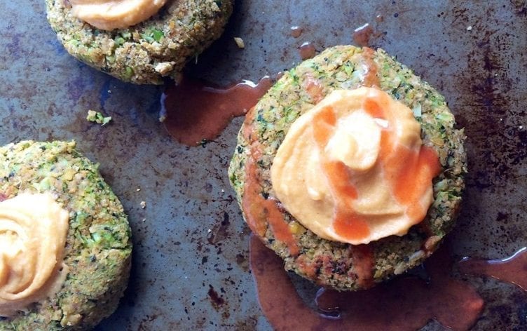 Broccoli Chickpea Burgers with Spicy Cashew “Mayo”