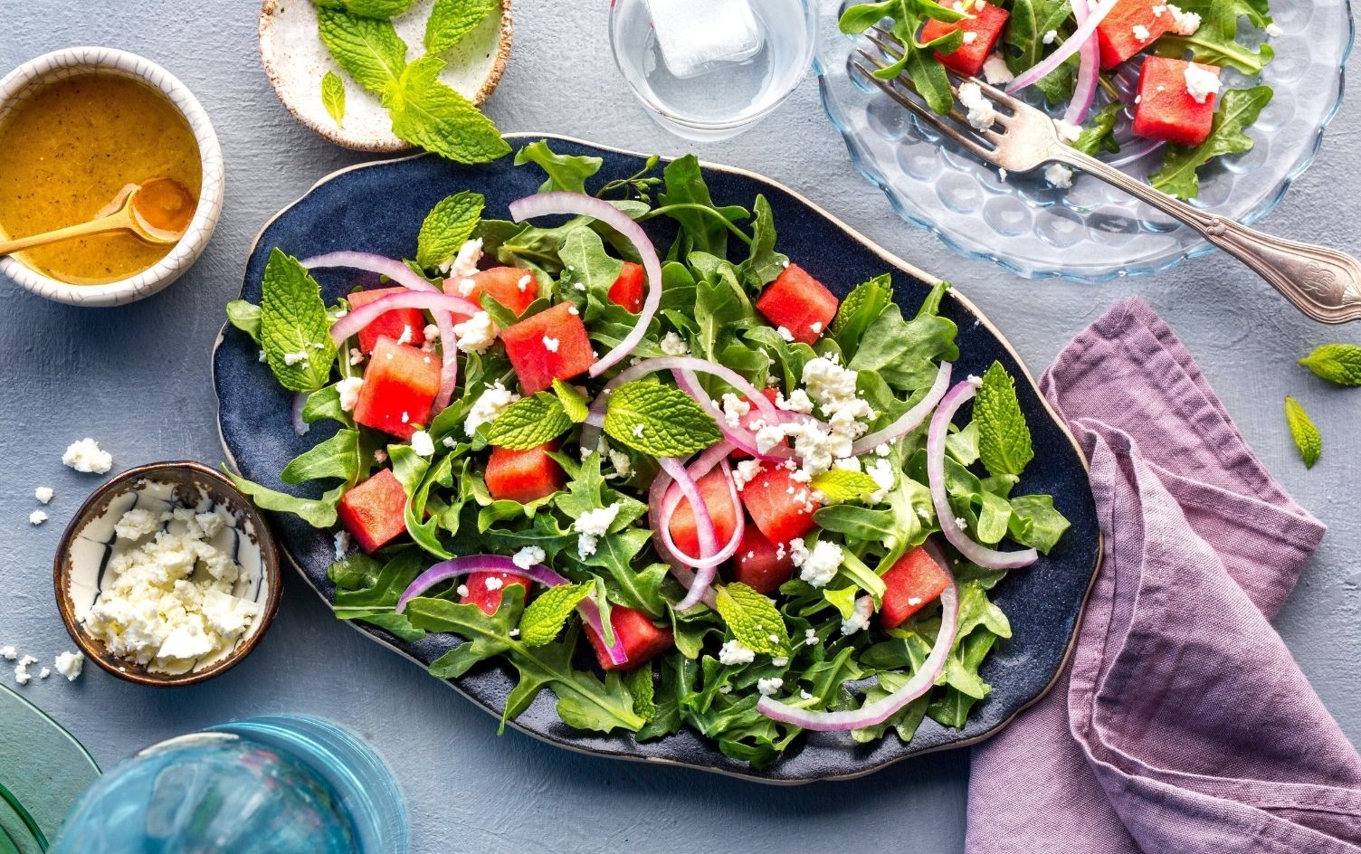 This refreshing watermelon salad with feta and mint has fewer than 150 calo...