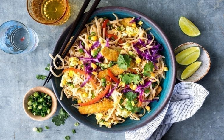 Tempeh Pad Thai With Broccoli and Corn