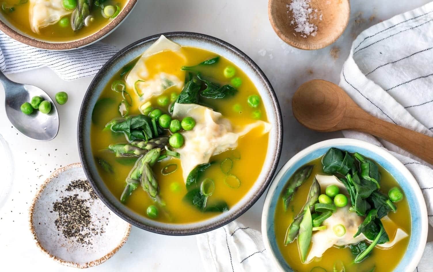 Shrimp Wonton Soup With Ginger and Spring Veggies