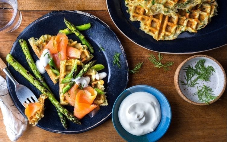 Latke Waffles With Salmon and Grilled Asparagus
