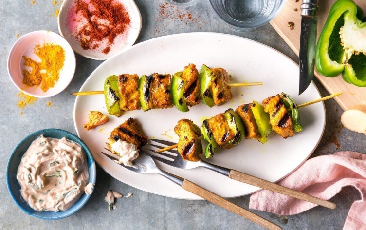 Curry-Rubbed Salmon Skewers With Spinach Raita