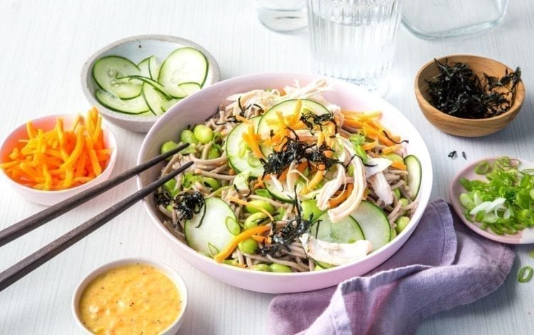 Cold Chicken Soba Noodle Bowls With Ginger-Carrot Dressing