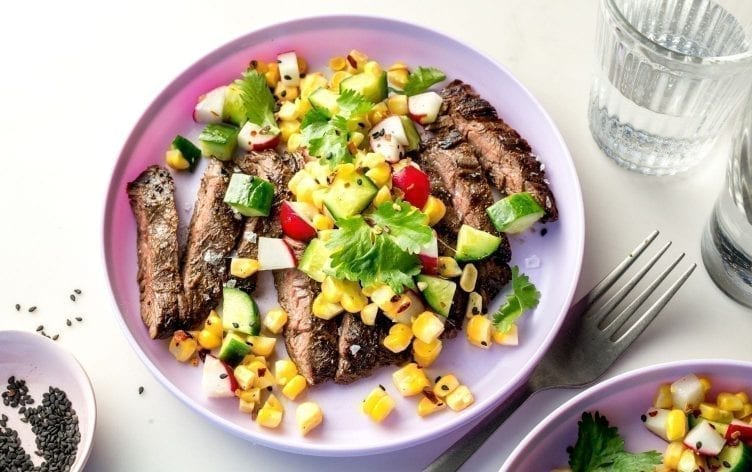 Grilled Skirt Steak With Cucumber and Corn Salad