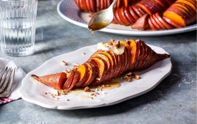 Hasselback Sweet Potatoes With Salted Maple Butter