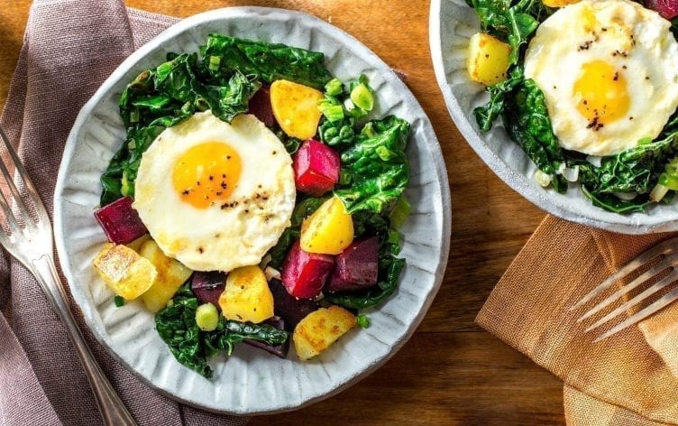 Make-Ahead Beet and Kale Potato Hash With Baked Eggs