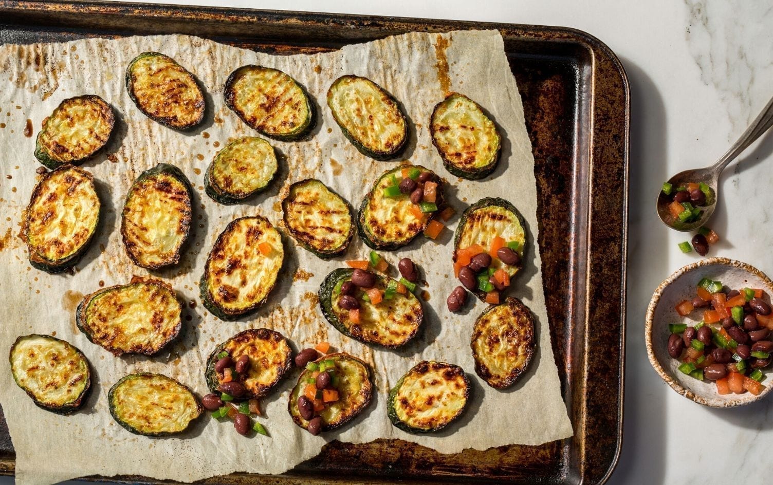 Baked Parmesan Zucchini Chips With Black Bean Salsa
