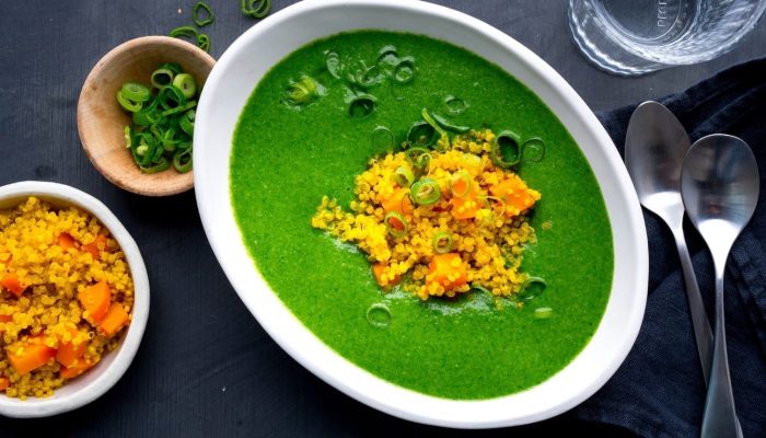 Creamy Spinach Soup With Golden Quinoa